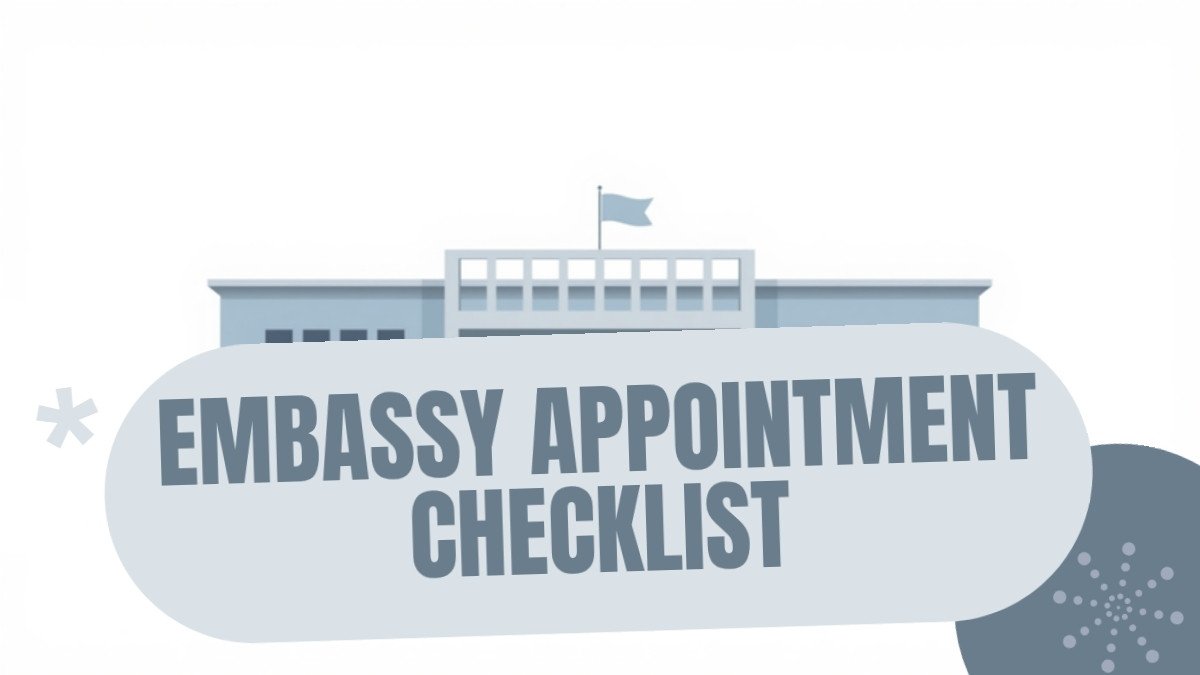 Checklist of what to bring to an embassy appointment for a replacement passport, including the application form, photographs, proof of citizenship, other identification, the police report, evidence of onward travel and a way to pay the fee
