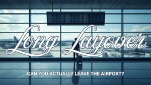 A traveller with a backpack looking out at aircraft through the windows of an airport terminal during a long layover