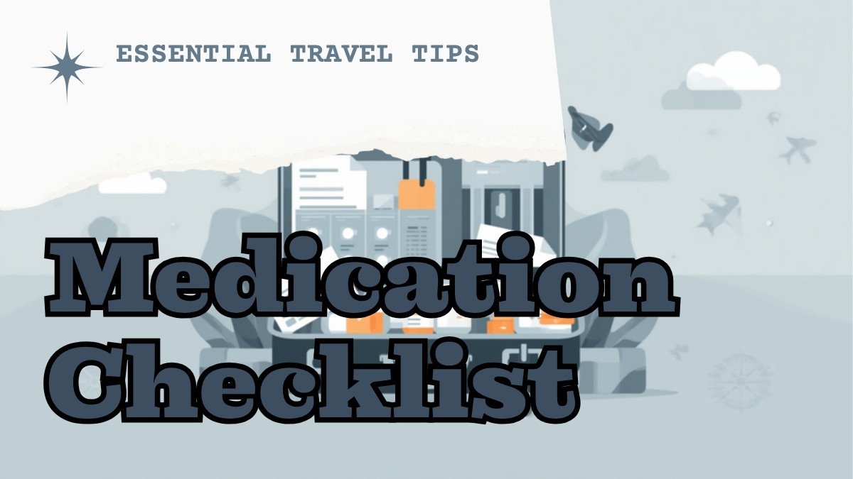 Checklist showing what to carry when travelling with medication: original labelled packaging, a copy of the prescription, a doctor letter naming the drug and dosage, and any required import permit