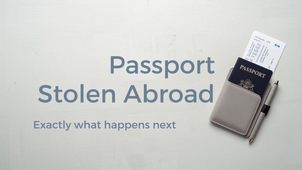 An open travel document wallet with an empty passport slot, alongside a boarding pass
