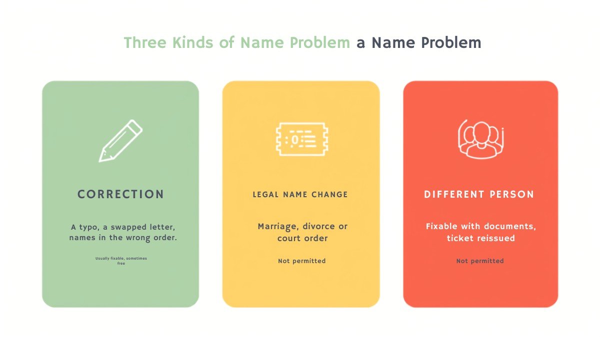 Three categories of flight booking name problem: a correction which is usually fixable, a legal name change which needs documents, and transferring a ticket to a different person which is not permitted