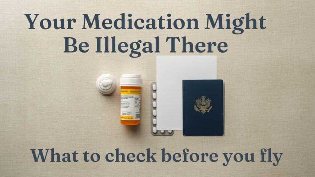 A labelled prescription bottle, blister pack of tablets, a doctor letter and a passport laid out while preparing to travel abroad