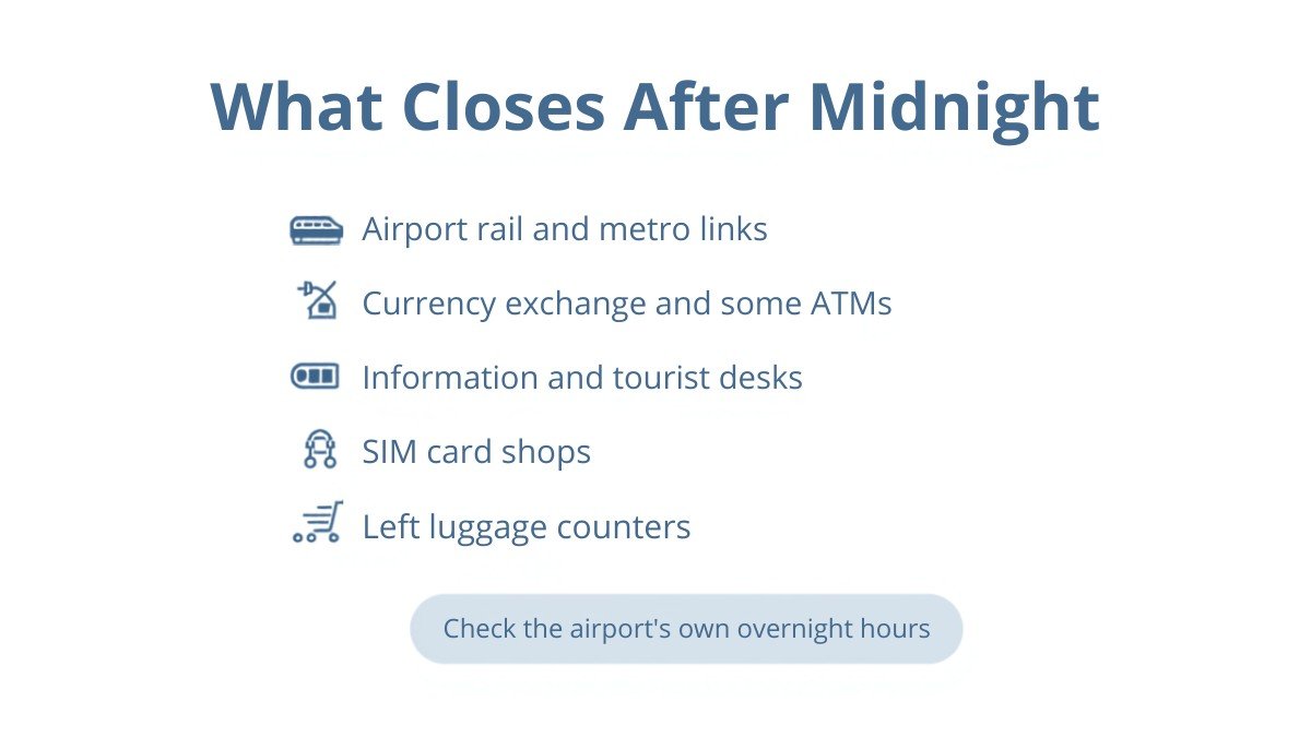 List of airport services that close overnight including rail and metro links, currency exchange and some ATMs, information desks, SIM card shops and left luggage counters